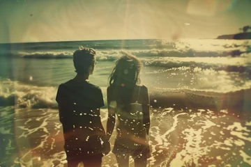  retro style photo of a young couple on the beach, candid, old film style with visual noise and blur © World of AI