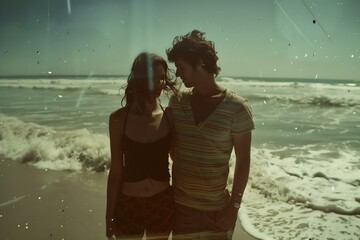 retro style photo of a young couple on the beach, candid, old film style with visual noise and blur
