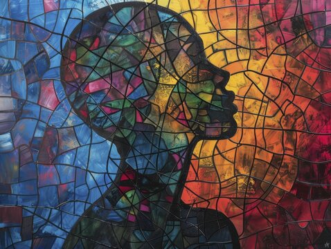 An intricate human form with diverse lines and shapes showcases unique identities and experiences, embodying personal intersectionality on canvas.