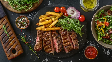 Gordijnen Top view of plate filled with steak, crispy fries, and fresh salad placed on wooden table. © Iryna