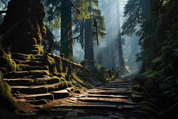 The adventurous route through a dense forest of ancient redwood trees, with the sunlight filtering through the colossal branches, creating a mystical atmosphere.