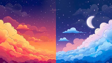 day and night time change concept. Alpine meadow with tall grass on a background of mountains with sun and moon at twilight - obrazy, fototapety, plakaty