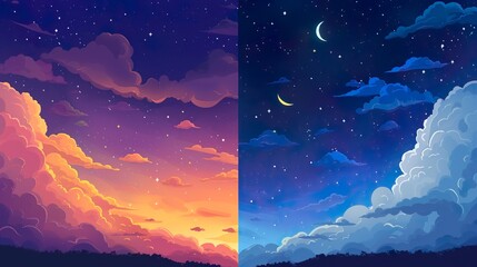 day and night time change concept. Alpine meadow with tall grass on a background of mountains with sun and moon at twilight - Powered by Adobe