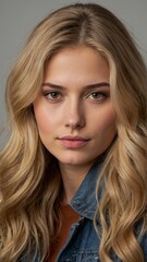 Fototapeta premium 23-year-old American girl with long, flowing blonde hair and striking brown eyes