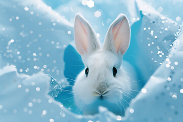 Easter bunny peeking out from blue shiny background