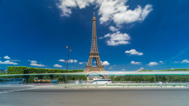 Eiffel Tower on Champs de Mars in Paris timelapse hyperlapse, France