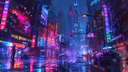 Abstract cyberpunk streets illustration futuristic city at night, skyscrapers and neon lights glow - obrazy, fototapety, plakaty