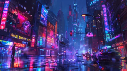 Foto op Canvas Abstract cyberpunk streets illustration futuristic city at night, skyscrapers and neon lights glow © IvanCreator
