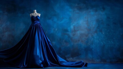 A mannequin displays a stunning blue dress against a backdrop of serene blue