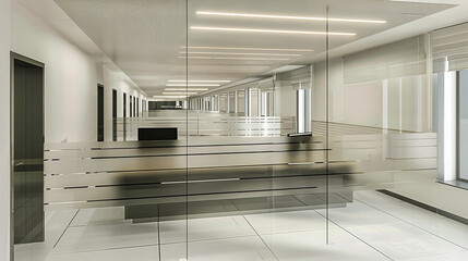 Modern Office Architecture: Spacious, Light-Filled Hall with Sleek Glass Walls, Emphasizing Openness and Minimalist Design