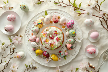 A wreath of Easter eggs and treats on a white table framed with spring branches and flowers. Top view