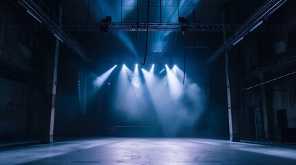 Dark modern concert music venue with an industrial atmosphere, ceiling lights shining onto the stage