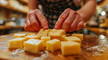 Cheese tasting event with hands sampling a piece of Gouda.