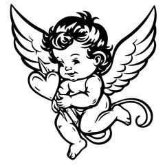 Smiling Cherub with Wings and Wand Vector Illustration
