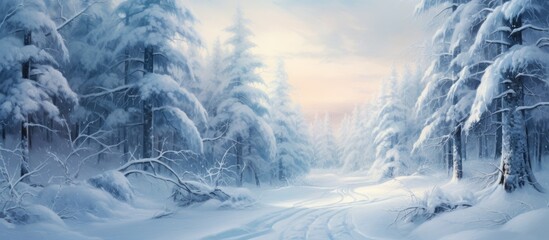 A winter wonderland with snowcovered trees and a frostcovered road cutting through the snowy forest...
