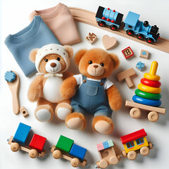 Baby, Kids Toys Background,Teddy Bears, Wooden Train, Bloks - obrazy, fototapety, plakaty