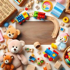 Obraz premium Baby, Kids Toys Background,Teddy Bears, Wooden Train, Toy Cars, Colorful Blocks