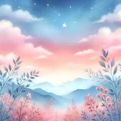 Fototapeta na wymiar Hand Painted Watercolor Pastel Sky Background with Stars