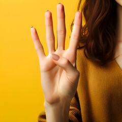 Woman Hand Showing Four Fingers on Yellow Background