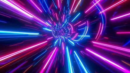 Obraz premium 3d render. Geometric figure in neon light against a dark tunnel. Laser glow.