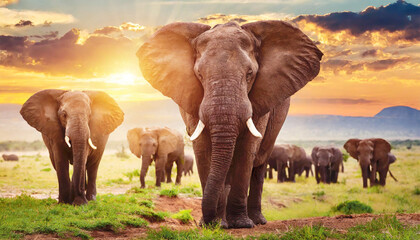 Herd of the African bush elephants (L. africana) in savanna. - obrazy, fototapety, plakaty