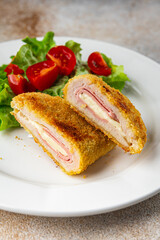cutlet cordon bleu chicken meat, ham slice, cheese fresh food tasty eating cooking appetizer meal food snack on the table copy space food background