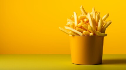 A yellow cup overflows with crispy french fries on a wooden table - Powered by Adobe