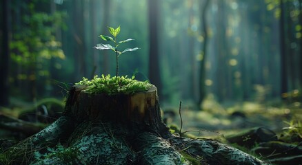The tree stump had a young green plant sprouting in the middle of a dark forest. Logo for environmental protection, ecology and nature concepts - obrazy, fototapety, plakaty