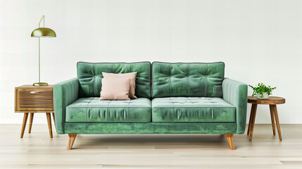 Fototapeta na wymiar Chic Living Room with Velvet Sofa: Modern Design Featuring Dark Green Accents and Elegant Wooden Floors for a Cozy Atmosphere