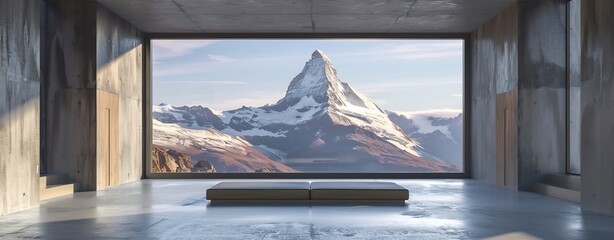 A minimal interior room with concrete walls and floor, a large window view of a mountain peak,