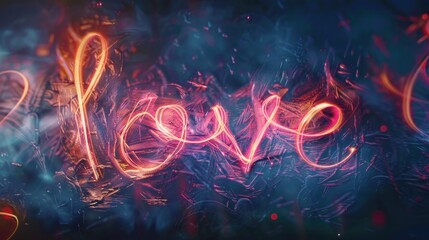 A vibrant neon sign that spells "love" amidst a glowing, abstract background