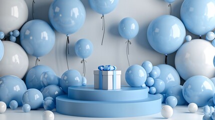 A festive 3D stage arrangement emerges, presenting a dynamic blue balloon background punctuated by a sleek podium adorned with a beautifully wrapped gift box