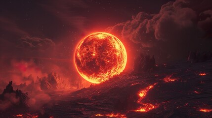 Enigmatic Lava planet in space. Alien volcano.