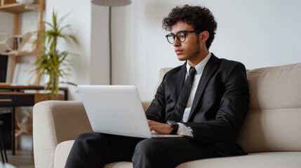 A professional dressed in a business suit is attentively using a laptop while comfortably sitting on a couch, indicating a blend of formal attire with a relaxed remote working environment.