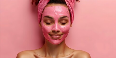 Beautiful young woman using pink clay mask to cleanse and pamper skin . Concept Skincare Routine, Beauty Products, Self-care, Facial Treatments, Spa Day