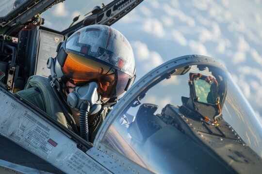 Confident pilot wearing helmet in a fighter jet cockpit during takeoff