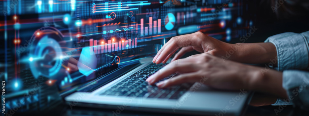 Poster person's hands are seen typing on a laptop keyboard, with futuristic digital graphics of charts, gra