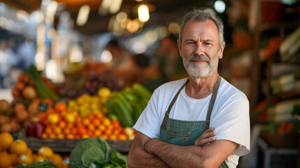 portrait of a cheerful, bearded elderly man with white hair and a mustache, standing with his arms crossed in front of a market stall filled with fresh fruits and vegetables