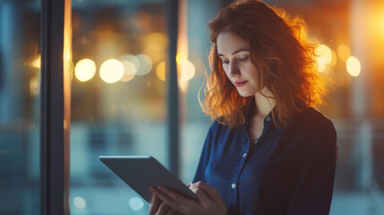 young woman with curly hair is using a tablet in an office or urban setting with evening lights in the background. - obrazy, fototapety, plakaty