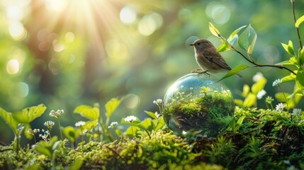 In a vibrant forest bathed in sunlight, a small bird perches gracefully on a crystal ball reflecting the lush greenery around it.