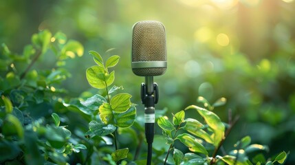 An image of a studio microphone set amongst lush green leaves, capturing the concept of nature's music under a soft sunlight. - obrazy, fototapety, plakaty