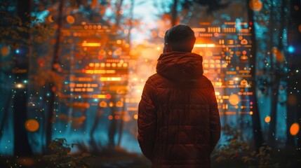 A solitary figure stands transfixed by a radiant, futuristic interface amidst the shadows of a twilight forest, a blend of nature and technology. - obrazy, fototapety, plakaty