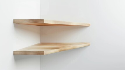 Two wooden shelves placed against a blank white wall in a symmetrical arrangement
