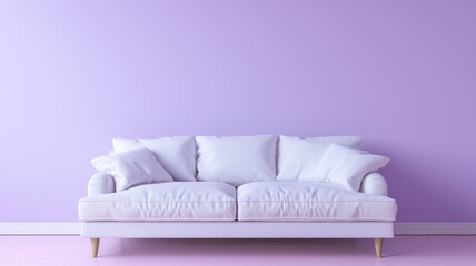 An easy-going bedroom setup featuring a no-frills AI-controlled sofa against a serene lavender background wall.