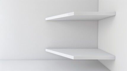 A serene scene featuring a pristine white shelf against a backdrop of a pure white room
