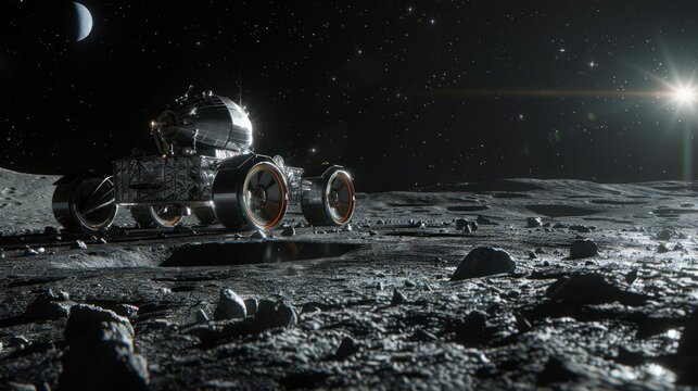 A highly detailed image of a lunar rover navigating the rocky terrain of the moon's surface, with the Earth rising in the background.