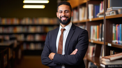 Smiling man in a suit and tie is standing in a library with bookshelves filled with books in the background. - obrazy, fototapety, plakaty