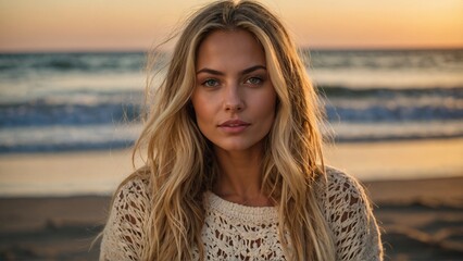 Portrait of a beautiful woman with blonde hair at the beach wearing an open weave boho style summer sweater