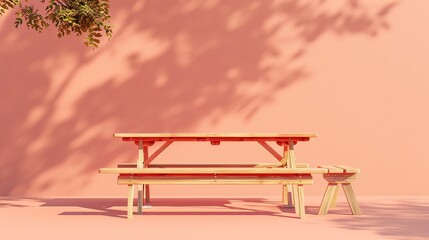 A wooden bench sits peacefully in front of a vibrant pink wall