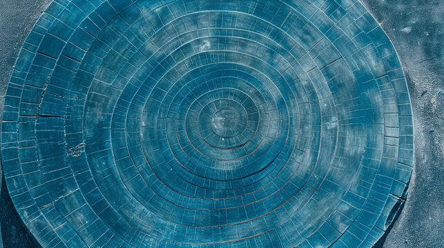 An aerial view of a circular structure with intricate patterns, showcasing various shades of blue, evoking a sense of technological or futuristic design.